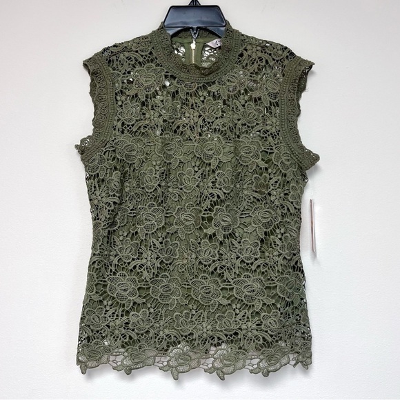 NWT Nanette Lepore Winding Vines Mock Neck Guipure Lace Tank Blouse Olive Green - Picture 1 of 10